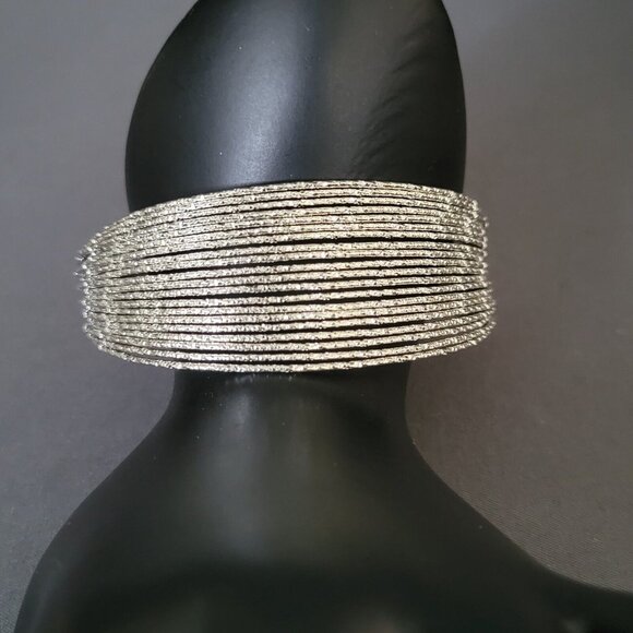 Multi Row Cuff Sparkly Textured Bracelet Silver Tone Metal Fits 6 1/4" Wrist - Picture 1 of 7